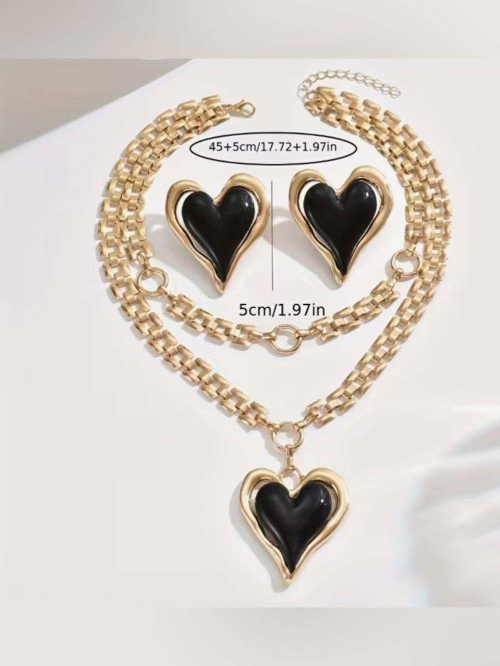 Gold and Black Heart Pendant Necklace & Earrings Set - Picture 5 of 6